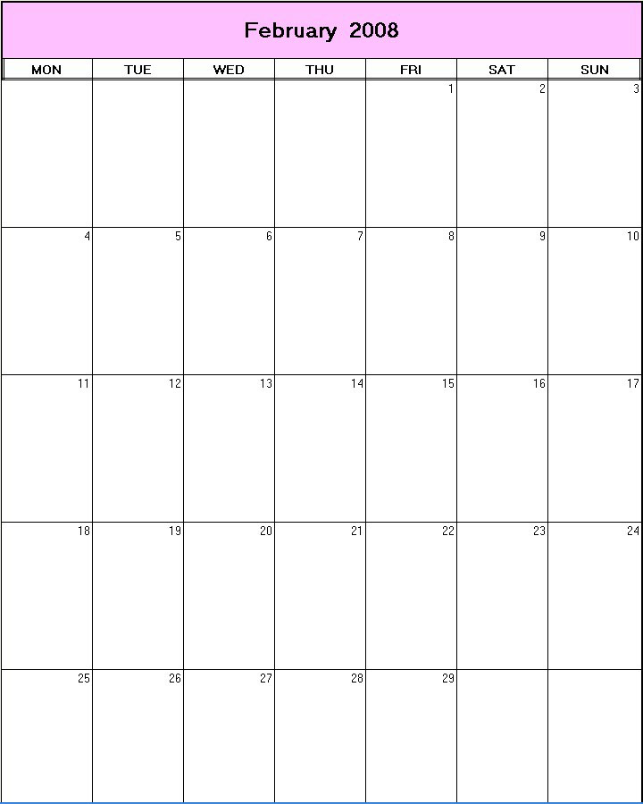 printable blank calendar image for February 2008