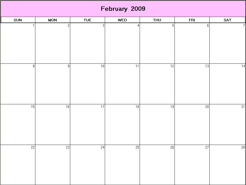 printable blank calendar image for February 2009