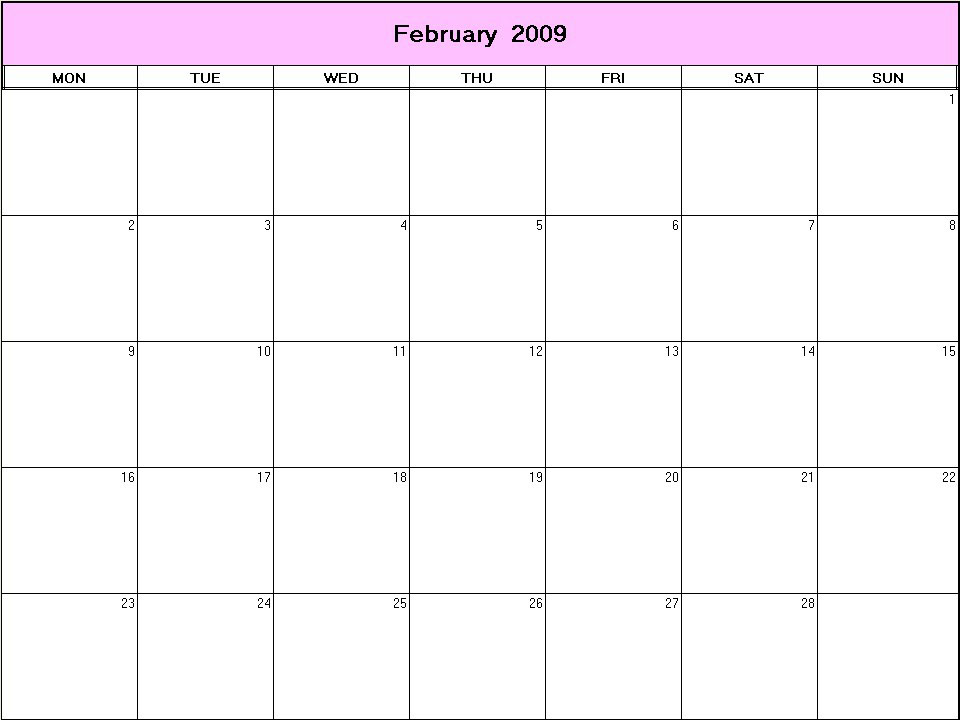 printable blank calendar image for February 2009