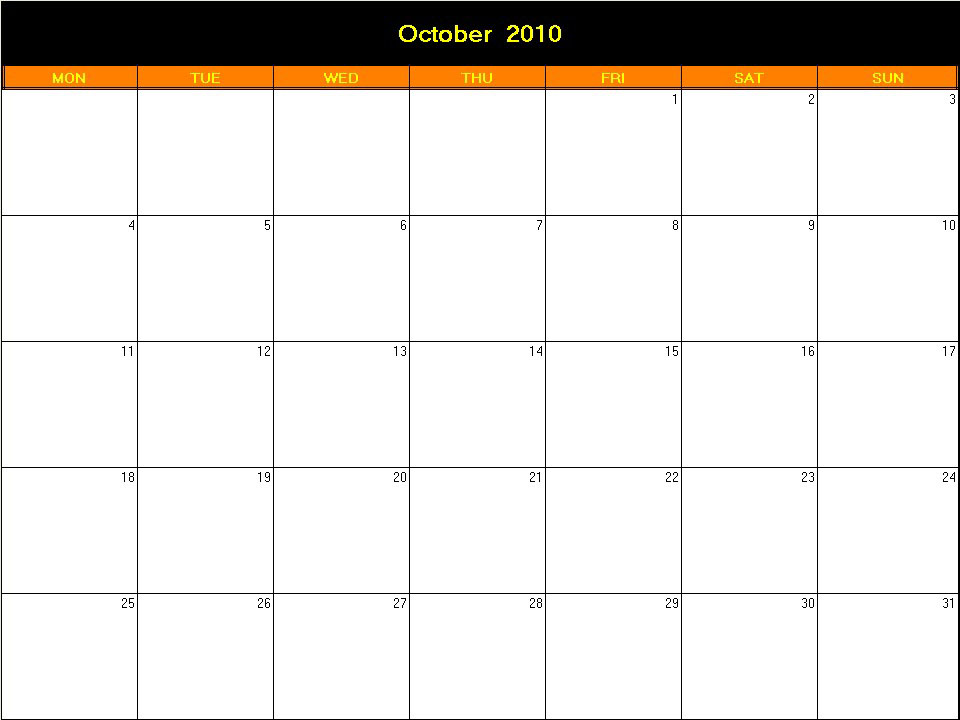 printable blank calendar image for Halloween 2010