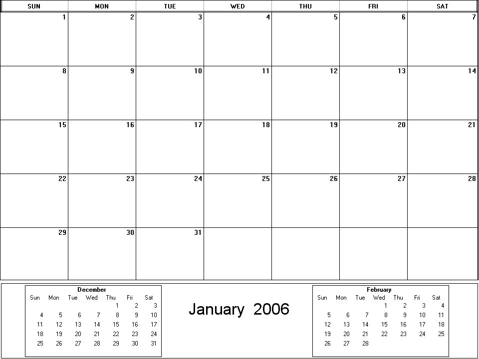 printable blank calendar image for January 2006