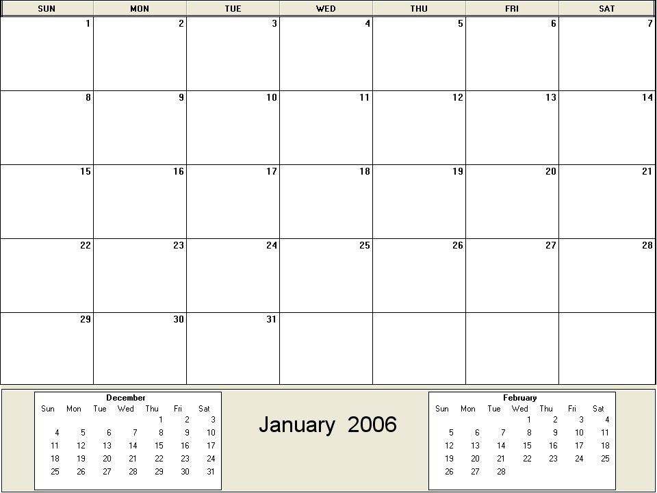 printable blank calendar image for January 2006