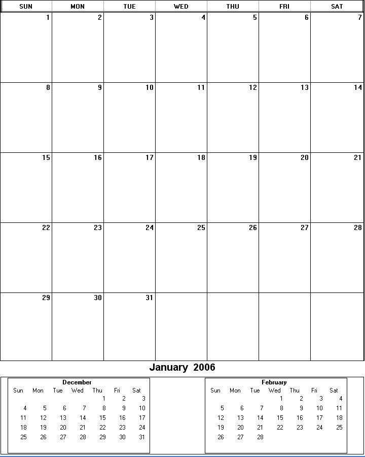 printable blank calendar image for January 2006