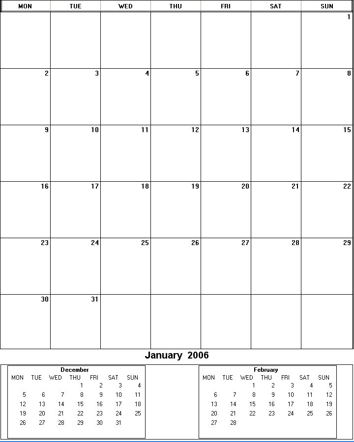 printable blank calendar image for January 2006