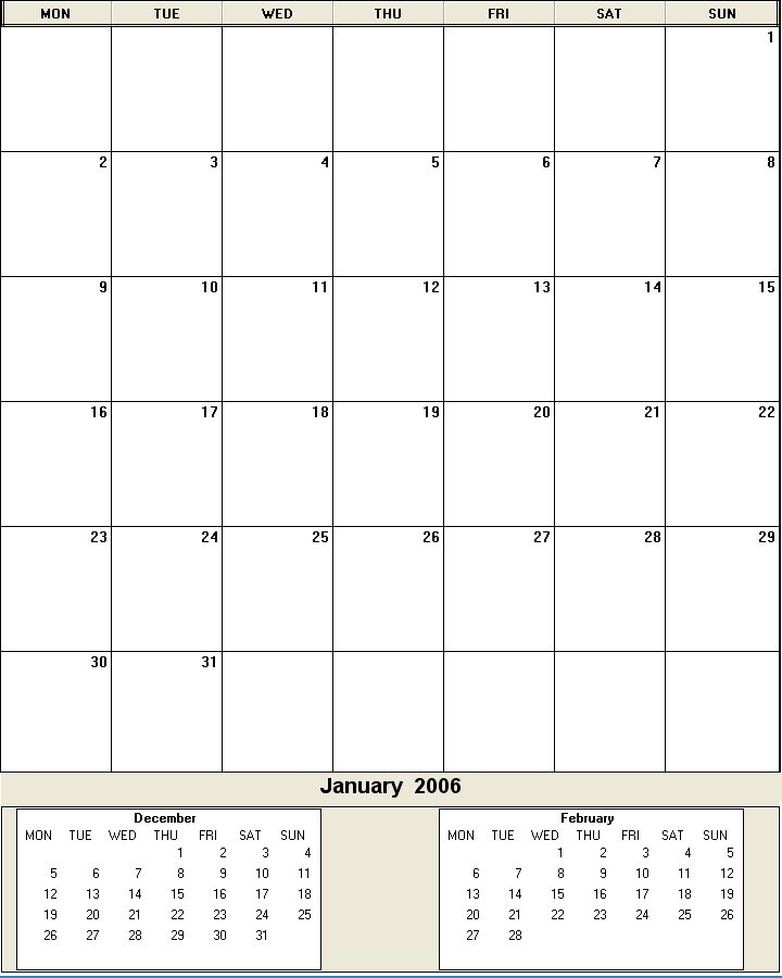 printable blank calendar image for January 2006