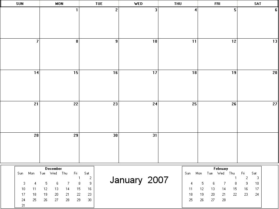 printable blank calendar image for January 2007