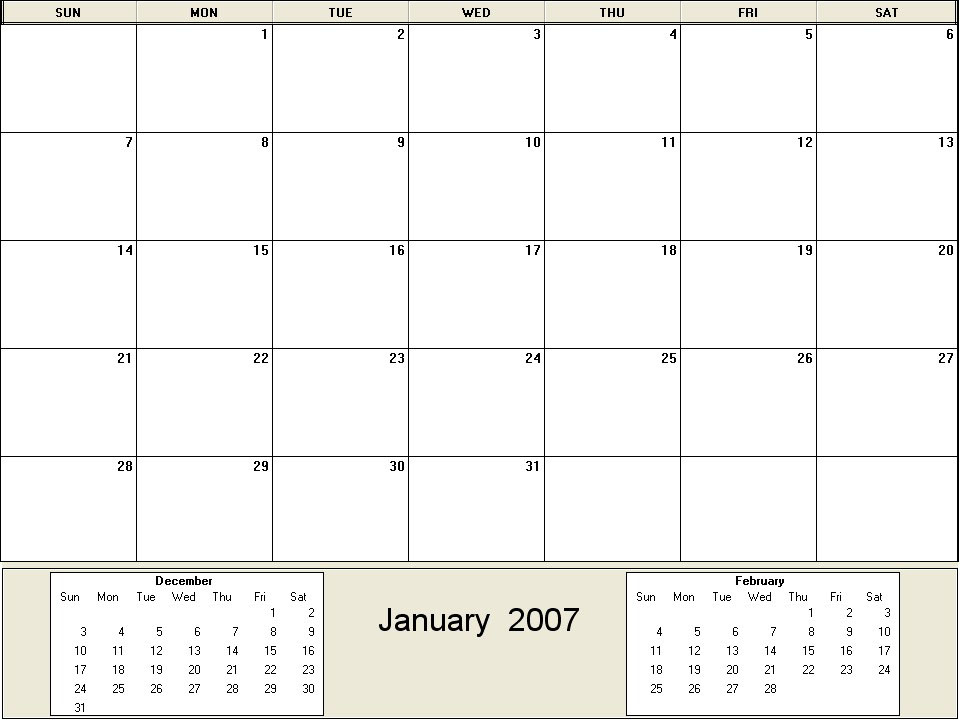 printable blank calendar image for January 2007