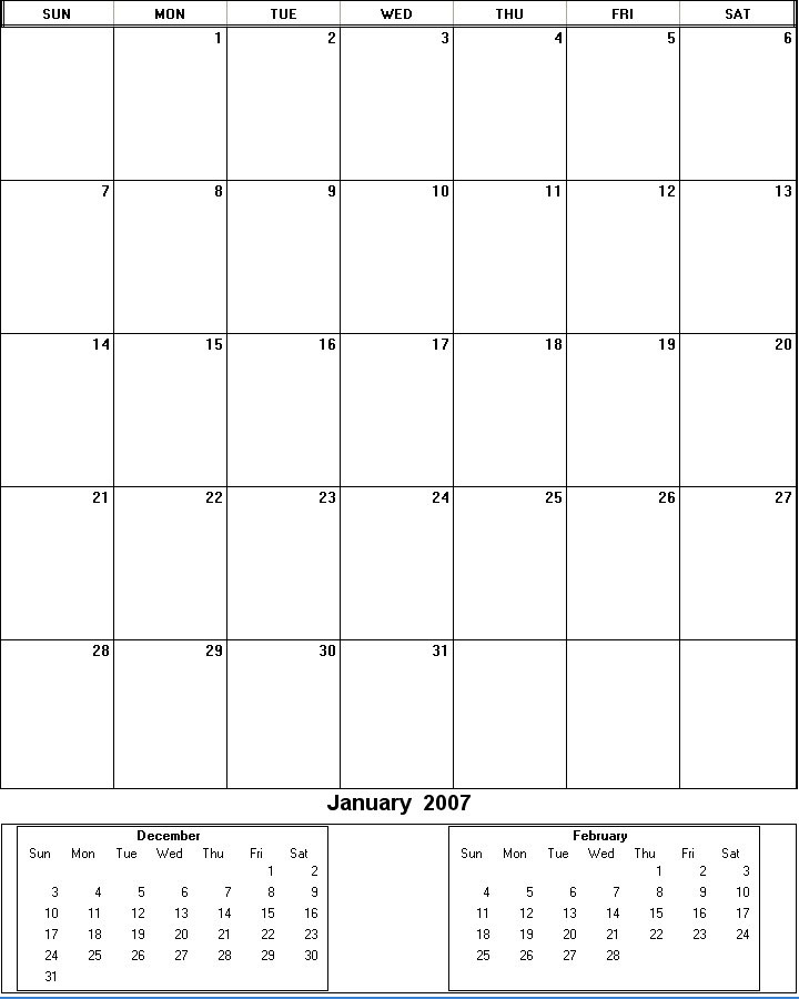 printable blank calendar image for January 2007