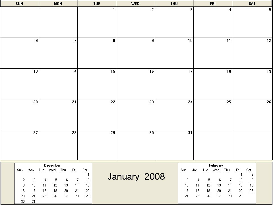 printable blank calendar image for January 2008