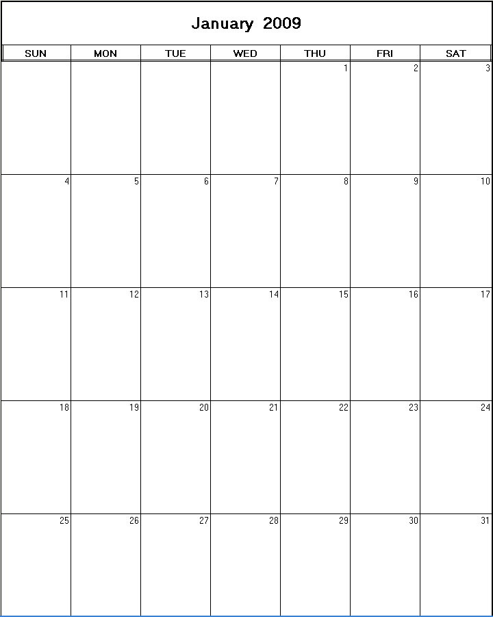 printable blank calendar image for January 2009