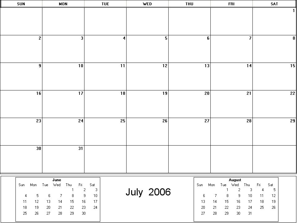 printable blank calendar image for July 2006