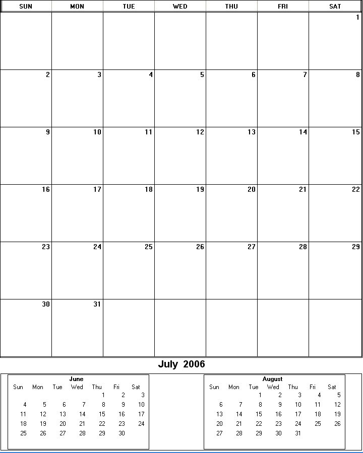 printable blank calendar image for July 2006