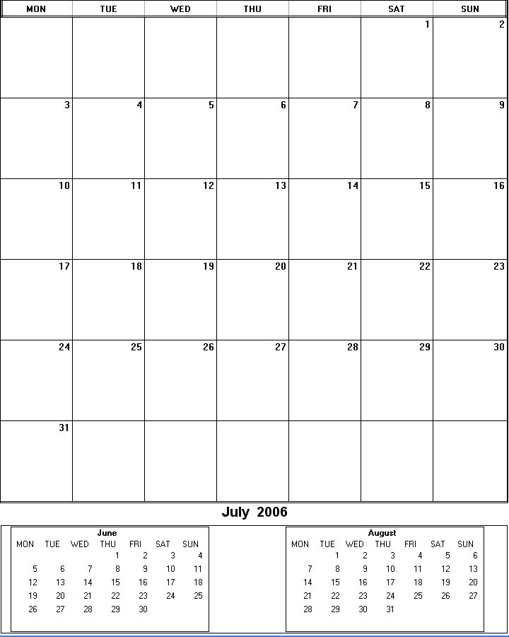 printable blank calendar image for July 2006