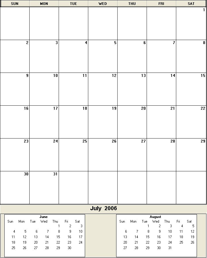 printable blank calendar image for July 2006