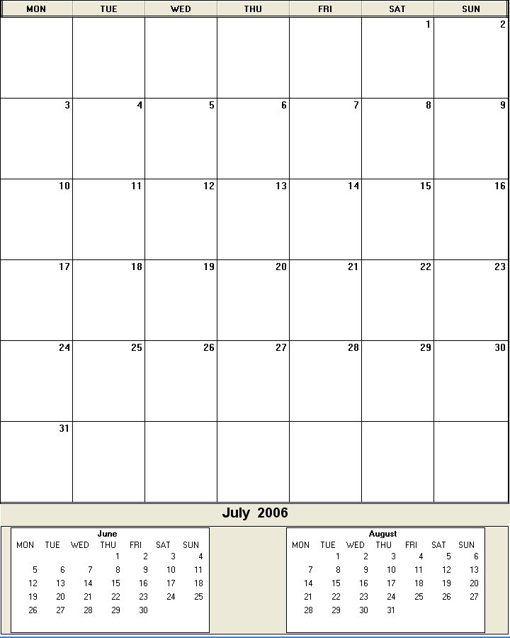 printable blank calendar image for July 2006