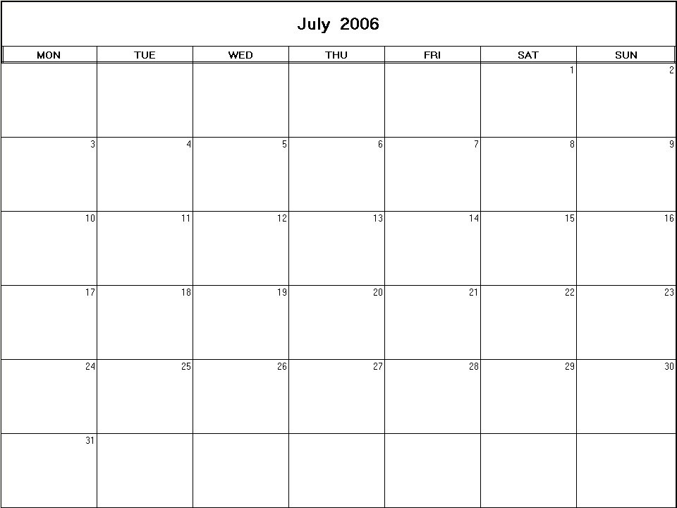 printable blank calendar image for July 2006