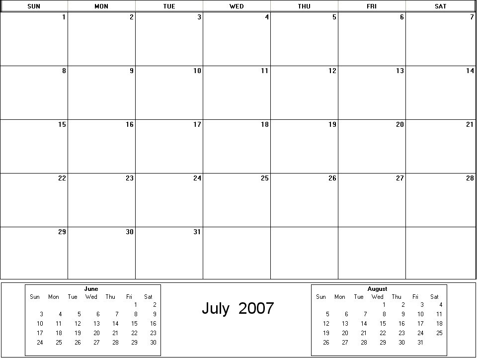 printable blank calendar image for July 2007