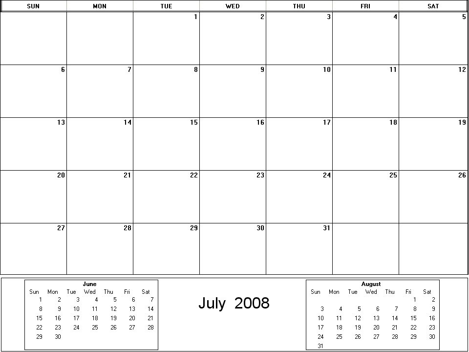 printable blank calendar image for July 2008
