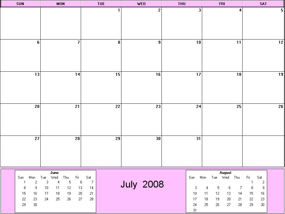 printable blank calendar image for July 2008