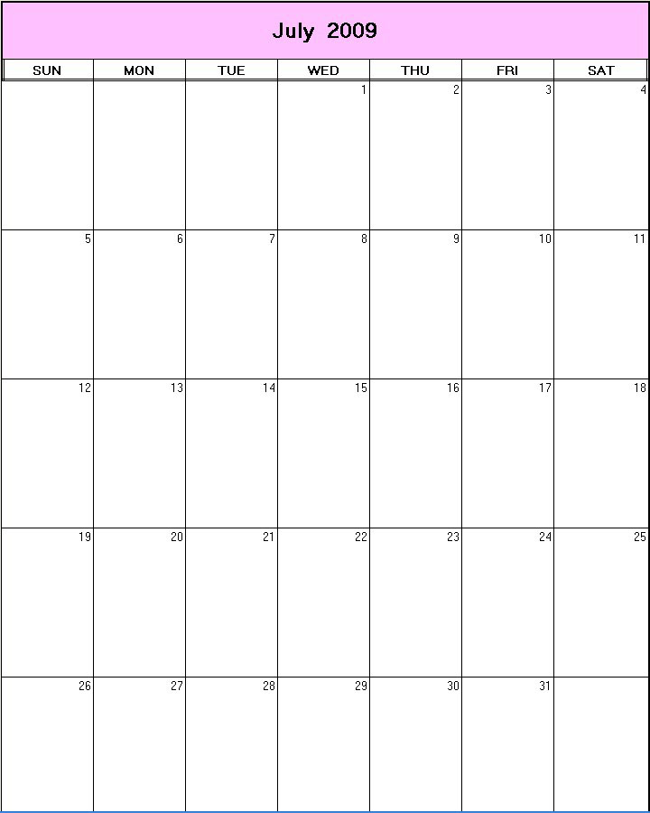 printable blank calendar image for July 2009