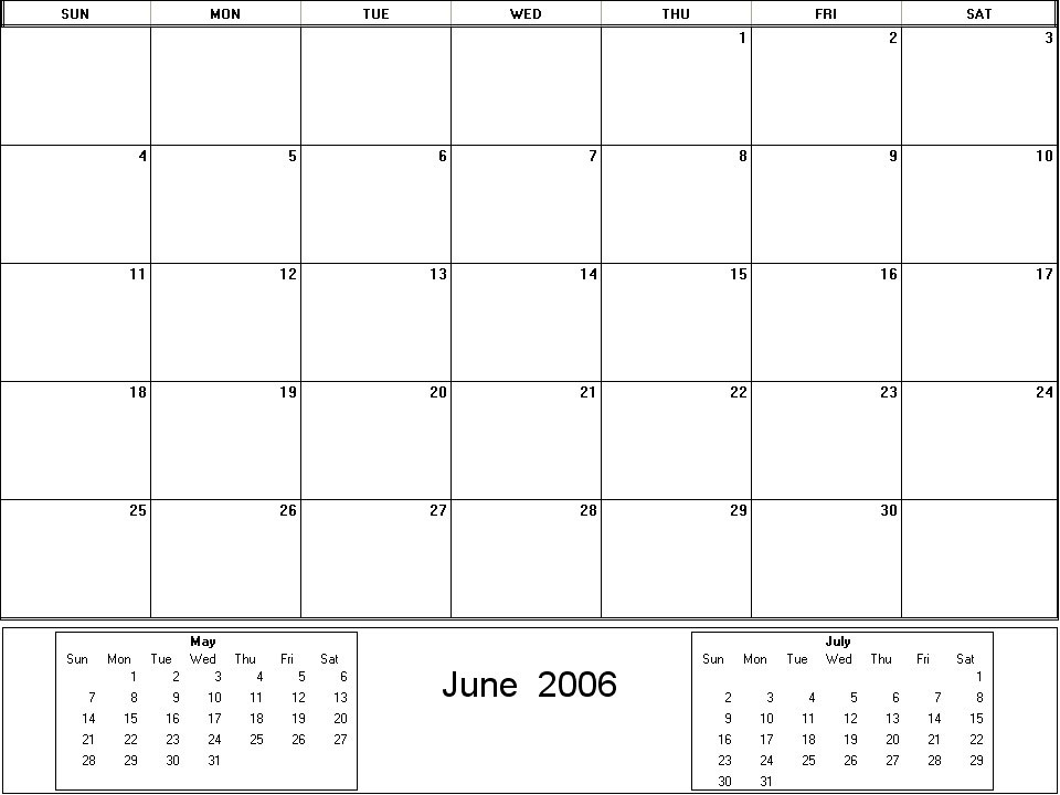 printable blank calendar image for June 2006