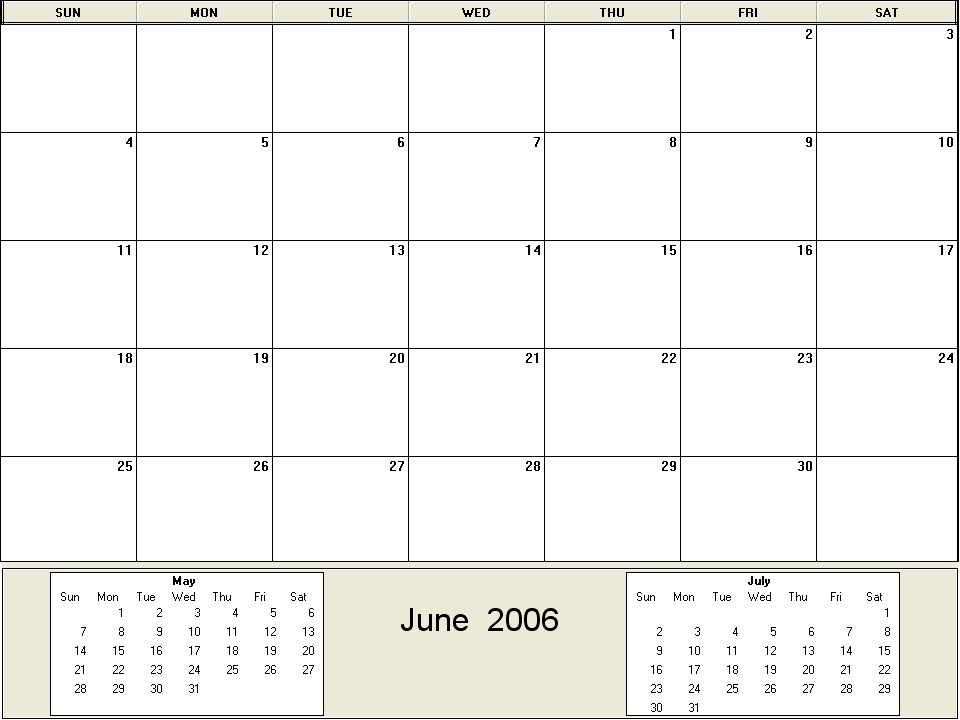 printable blank calendar image for June 2006