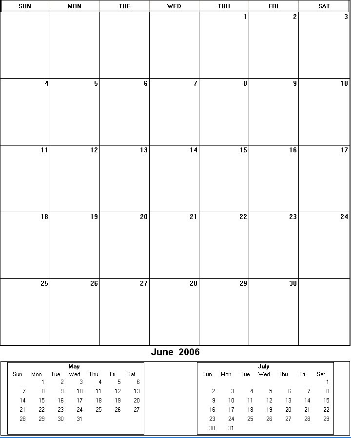 printable blank calendar image for June 2006