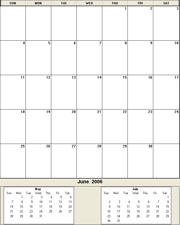 printable blank calendar image for June 2006