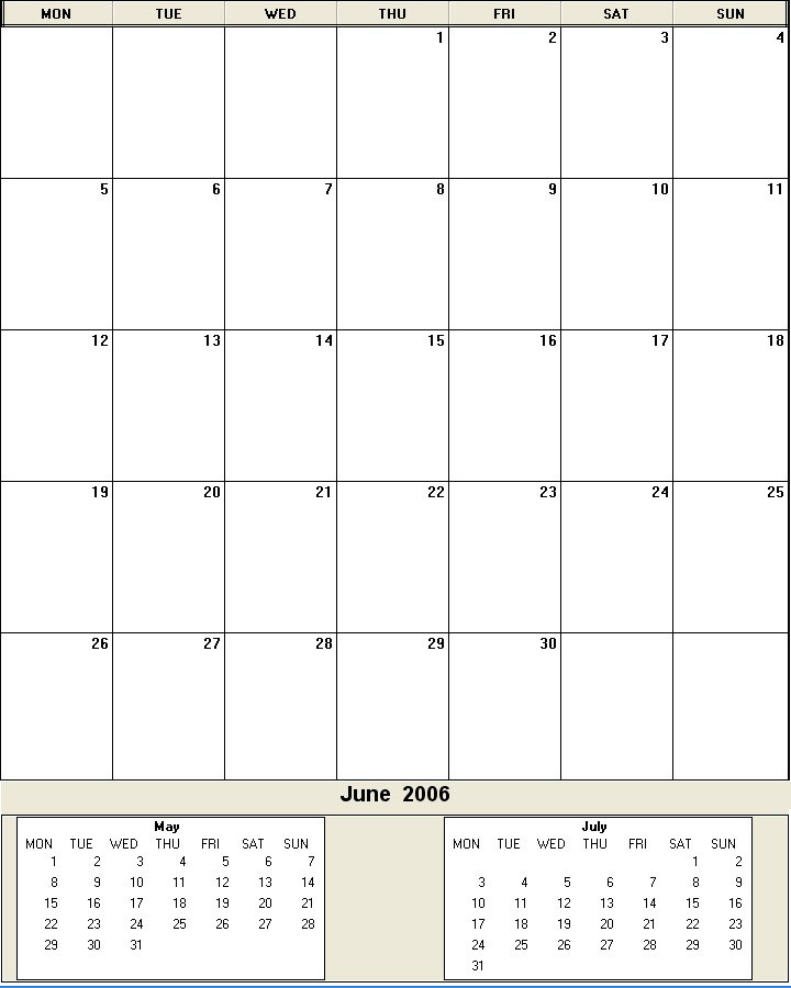 printable blank calendar image for June 2006