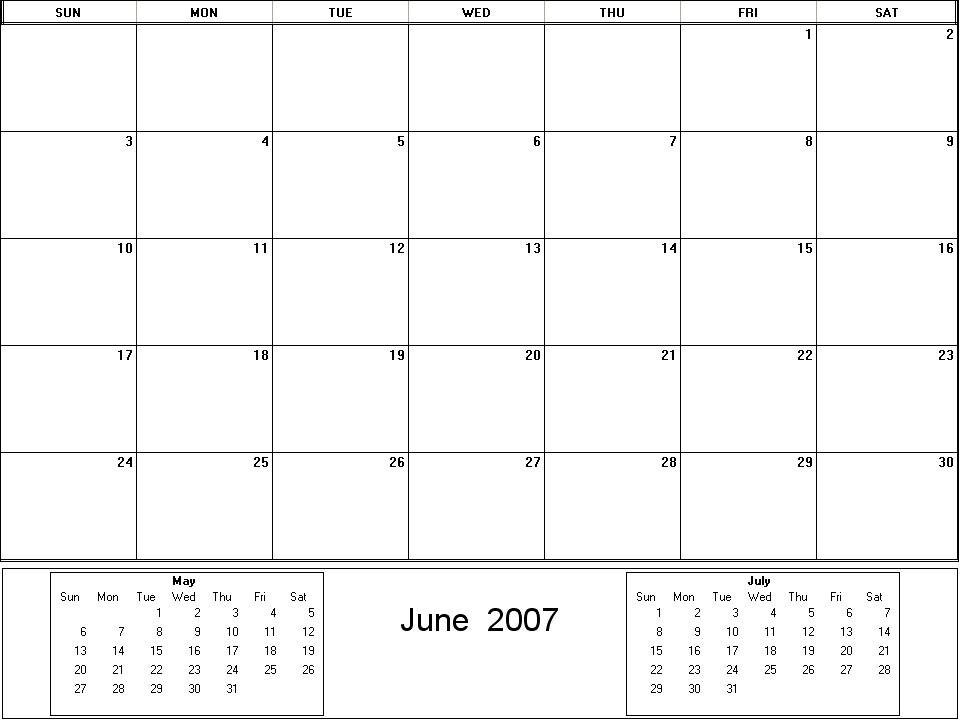 printable blank calendar image for June 2007