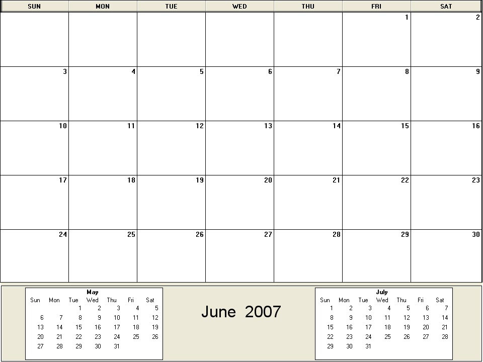 printable blank calendar image for June 2007