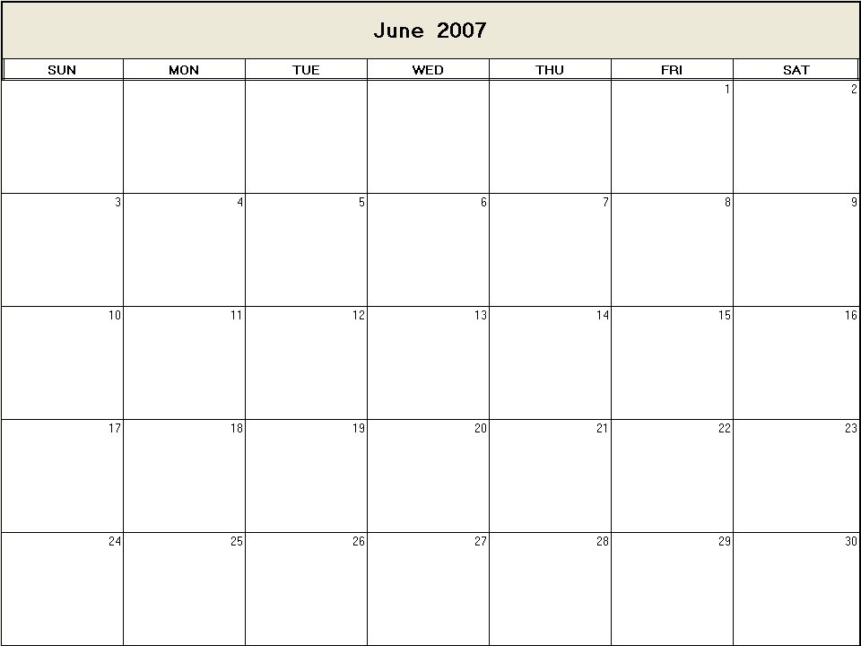 June 2007 printable blank calendar