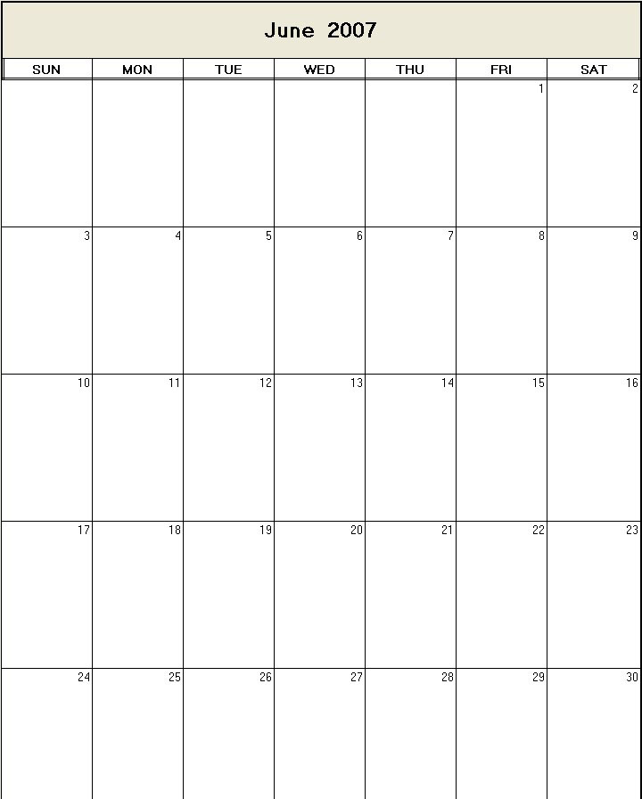 printable blank calendar image for June 2007