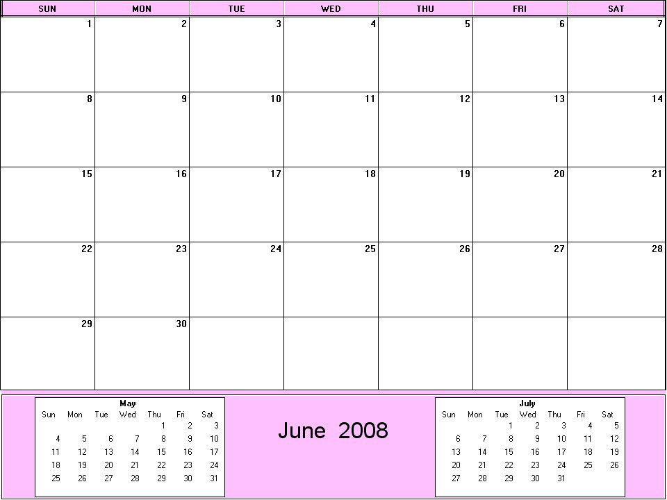 printable blank calendar image for June 2008