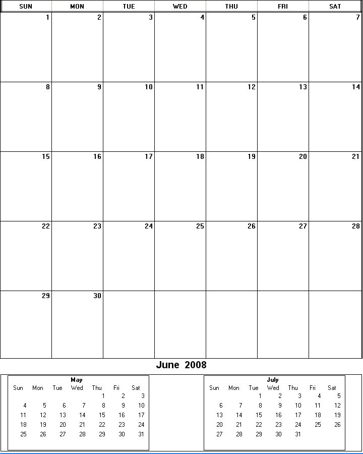 printable blank calendar image for June 2008