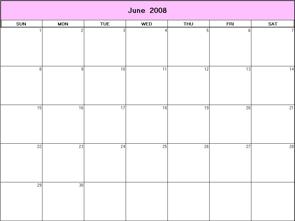 printable blank calendar image for June 2008