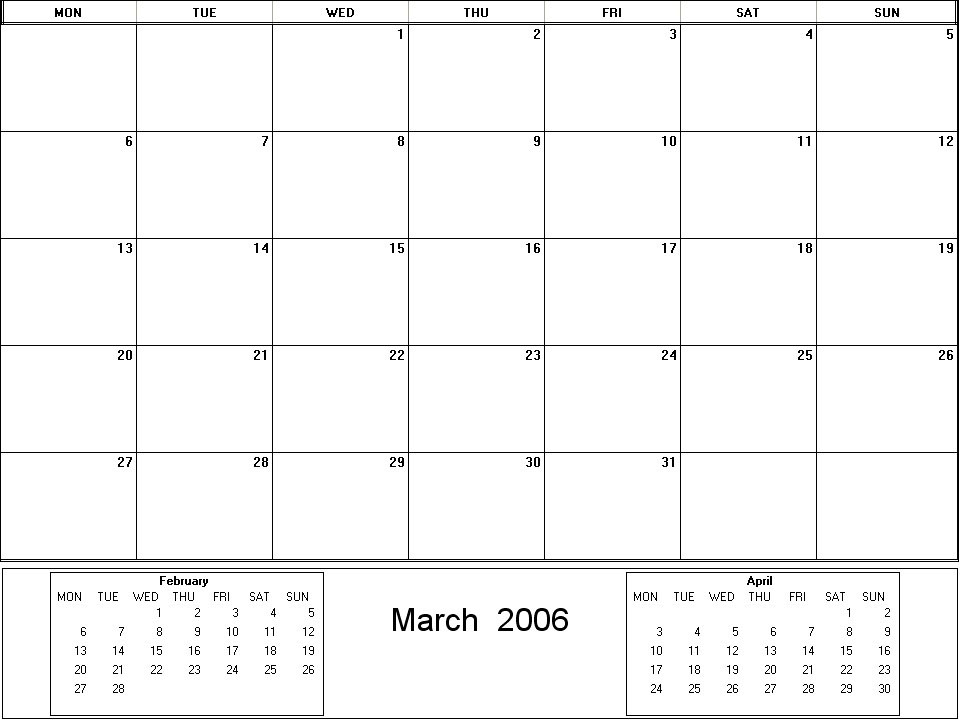 printable blank calendar image for March 2006