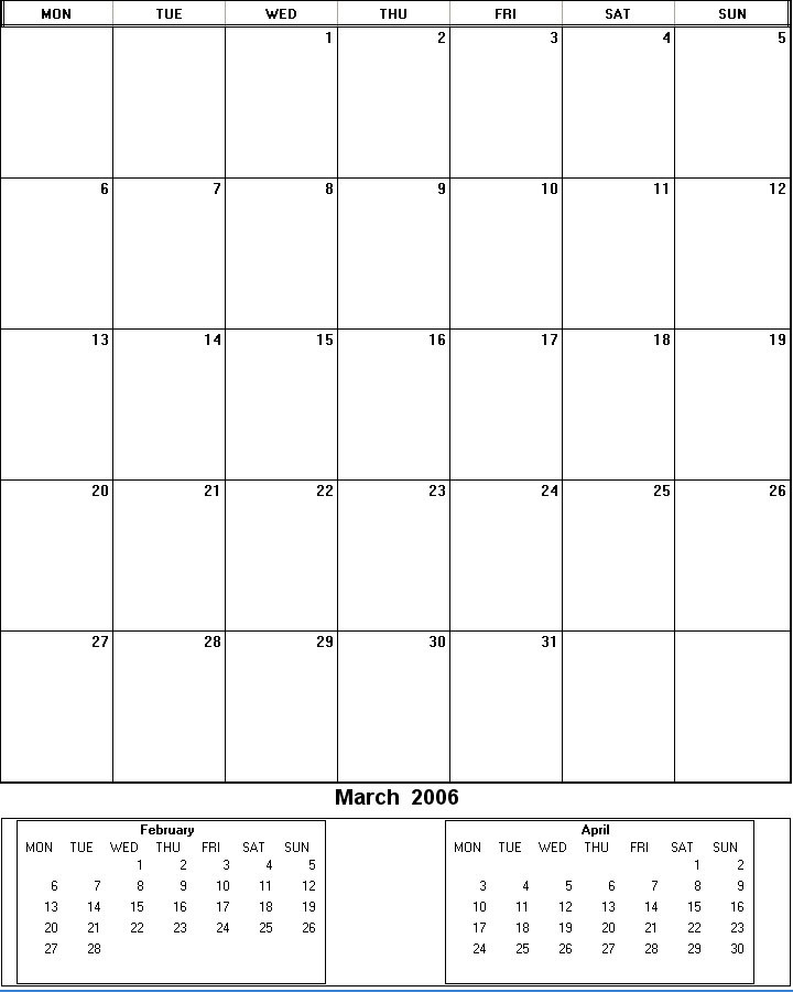 printable blank calendar image for March 2006