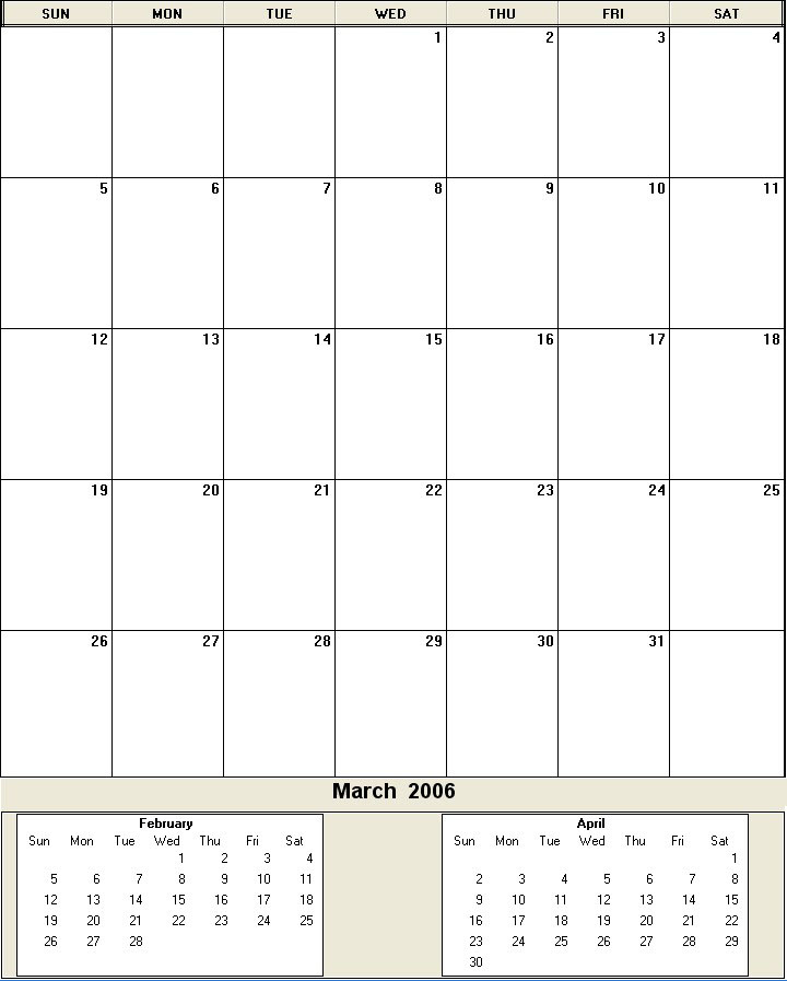 printable blank calendar image for March 2006