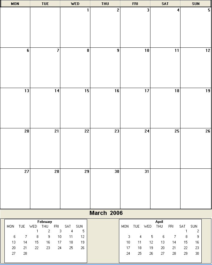 printable blank calendar image for March 2006