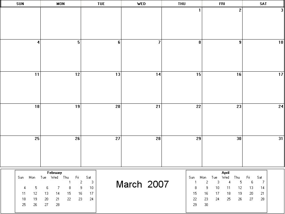 printable blank calendar image for March 2007