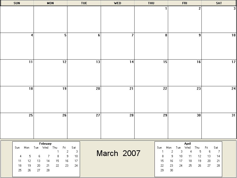 printable blank calendar image for March 2007