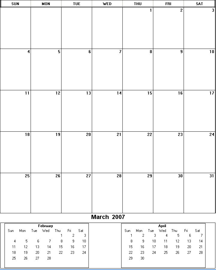 printable blank calendar image for March 2007