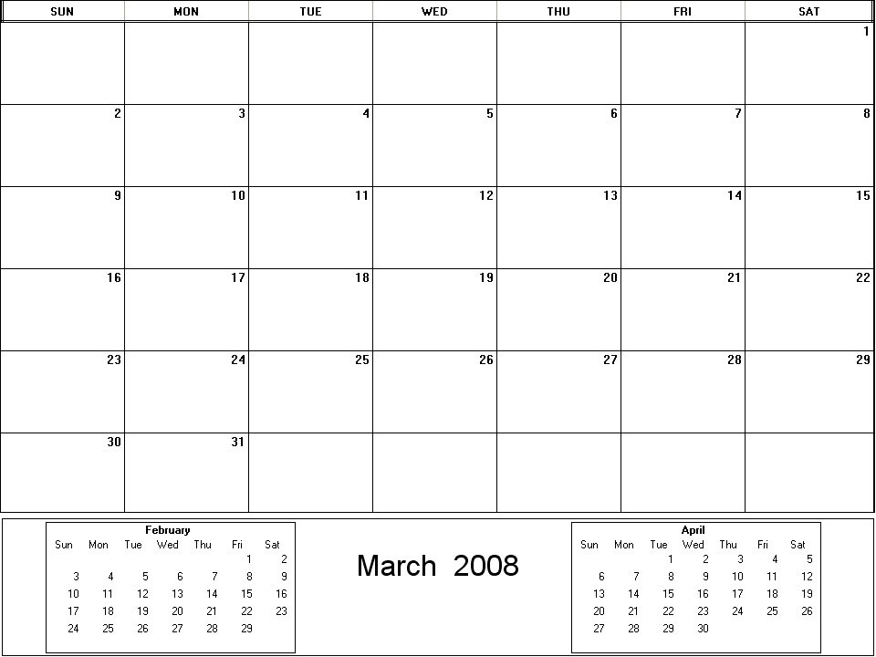 printable blank calendar image for March 2008