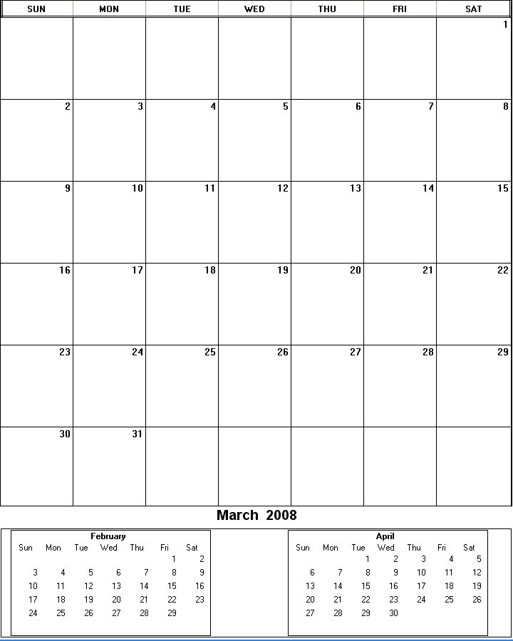 printable blank calendar image for March 2008