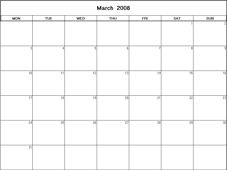 March 2008 printable blank calendar