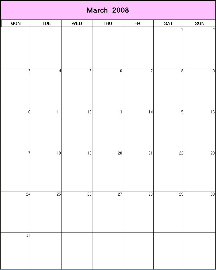 printable blank calendar image for March 2008