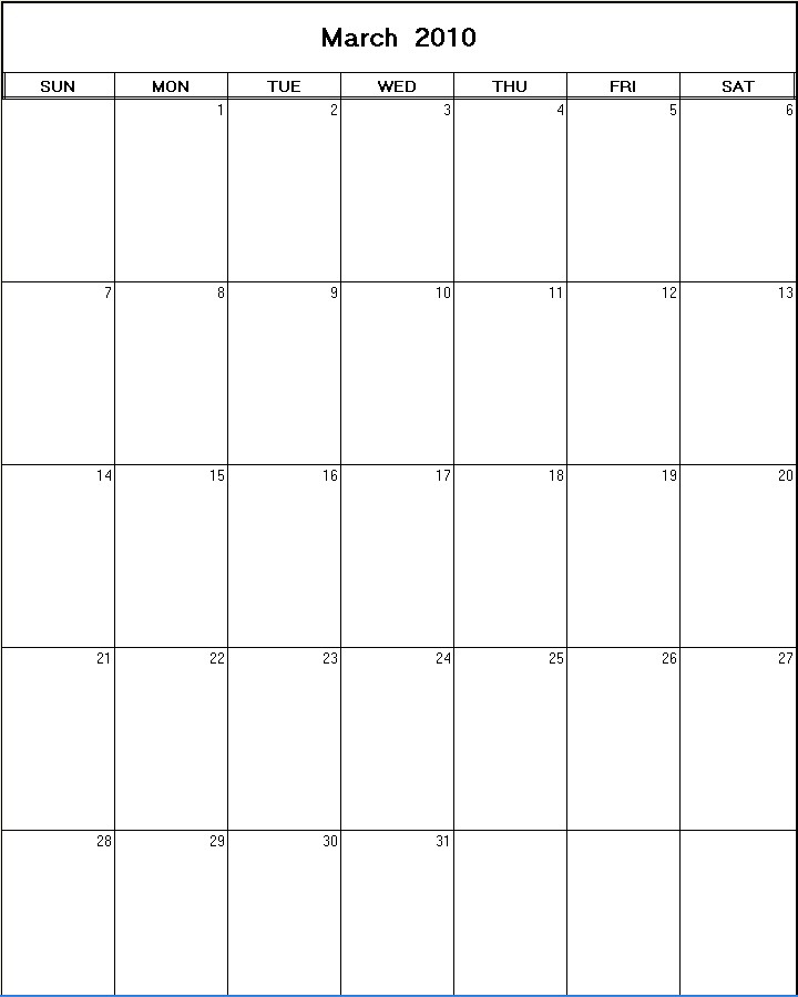 printable blank calendar image for March 2010