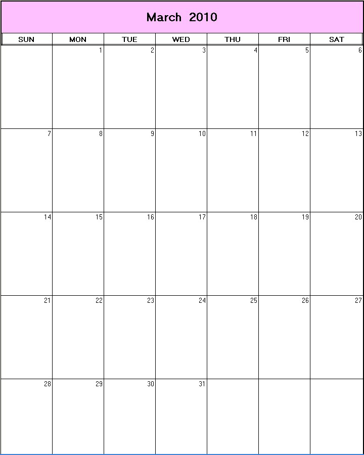 printable blank calendar image for March 2010