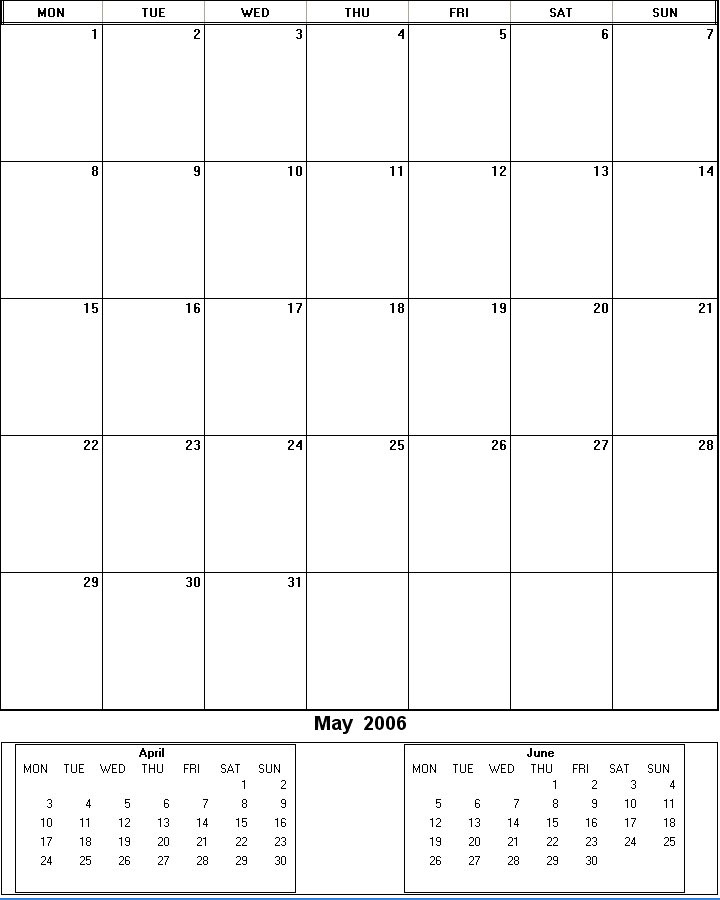 printable blank calendar image for May 2006